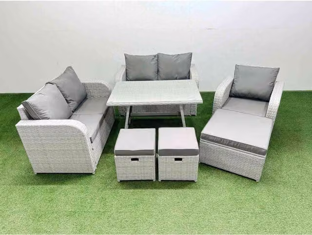 Fimous 8-Seater Light Grey PE Rattan Outdoor Dining Set with Recliner and Glass Table