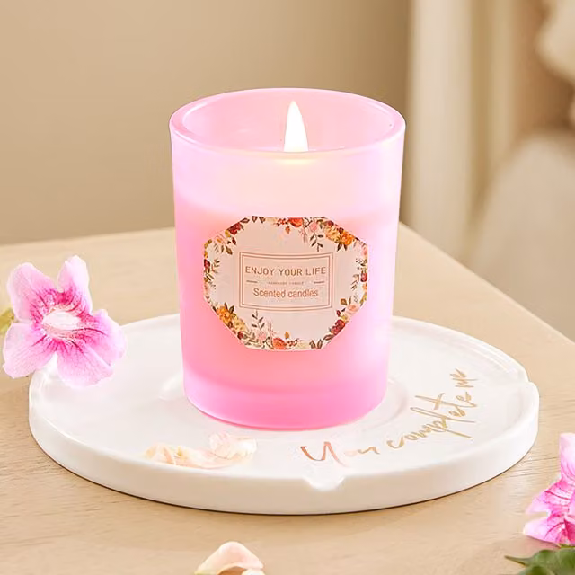 Livingandhome Pink Floral and Fruity Scented Candle in a Transparent Glass Jar