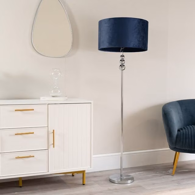 ValueLights Marissa Chrome Stacked Floor Lamp with Navy Blue Velvet Drum Shade