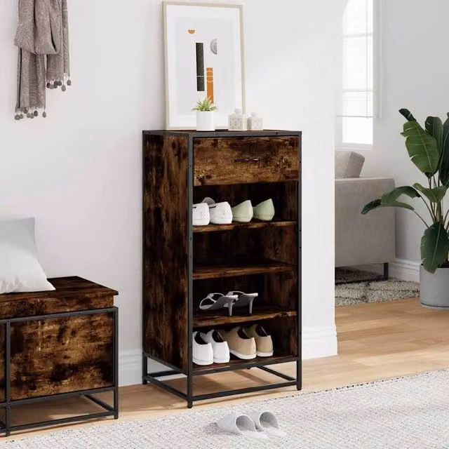 Berkfield Home Shoe Rack in Smoked Oak Brown, W/D/H: 48 x 38 x 97.5 cm