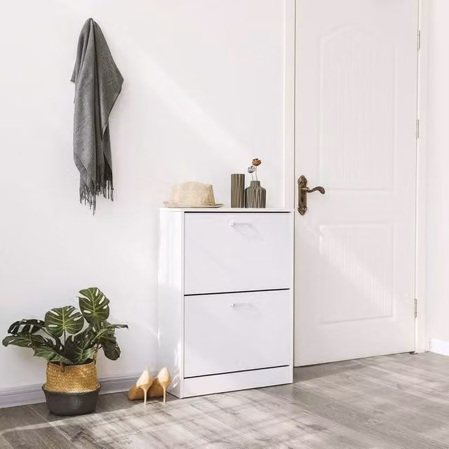 VASAGLE Slim White Matt Shoe Cabinet with Tilting Compartments and Internal Shelves