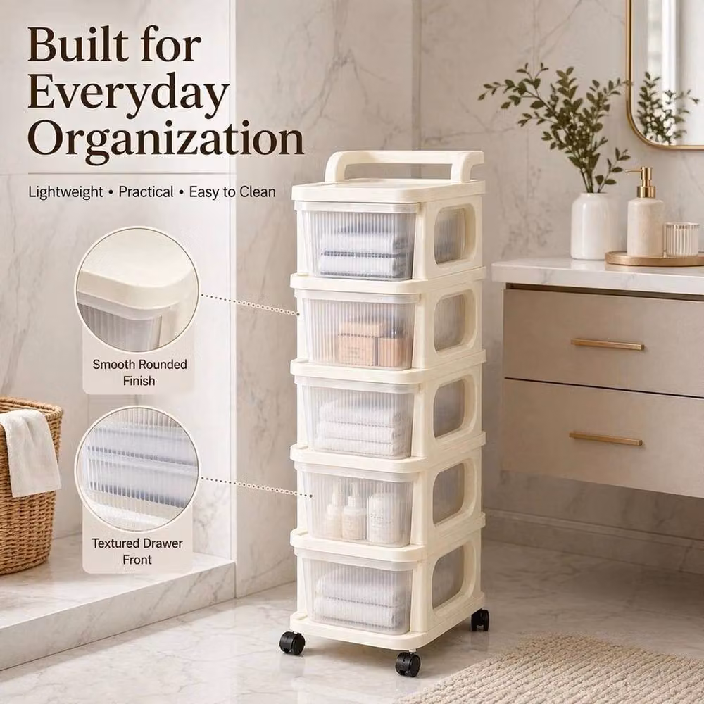 KORVIXA 5-Tier Plastic Storage Drawer Trolley with Castors, Beige, W/D/H: 100 x 100 x 100 cm – 2