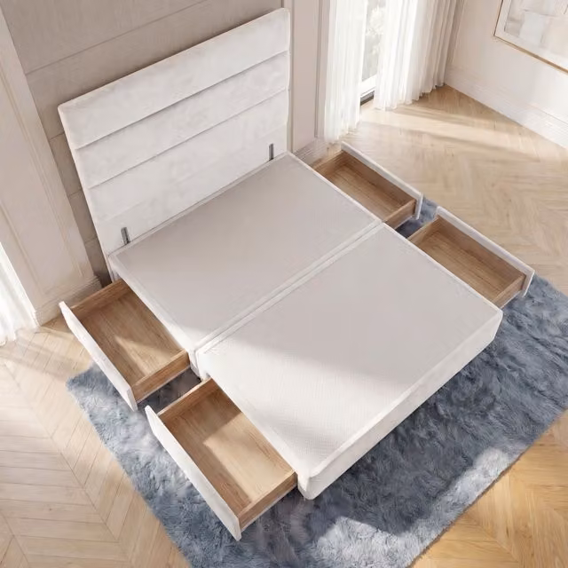 Horizona White Velvet Divan Bed Base with 4 Drawers and 54 inch Floor Standing Headboard, W/D/H: 180 x 200 x 34.5 cm