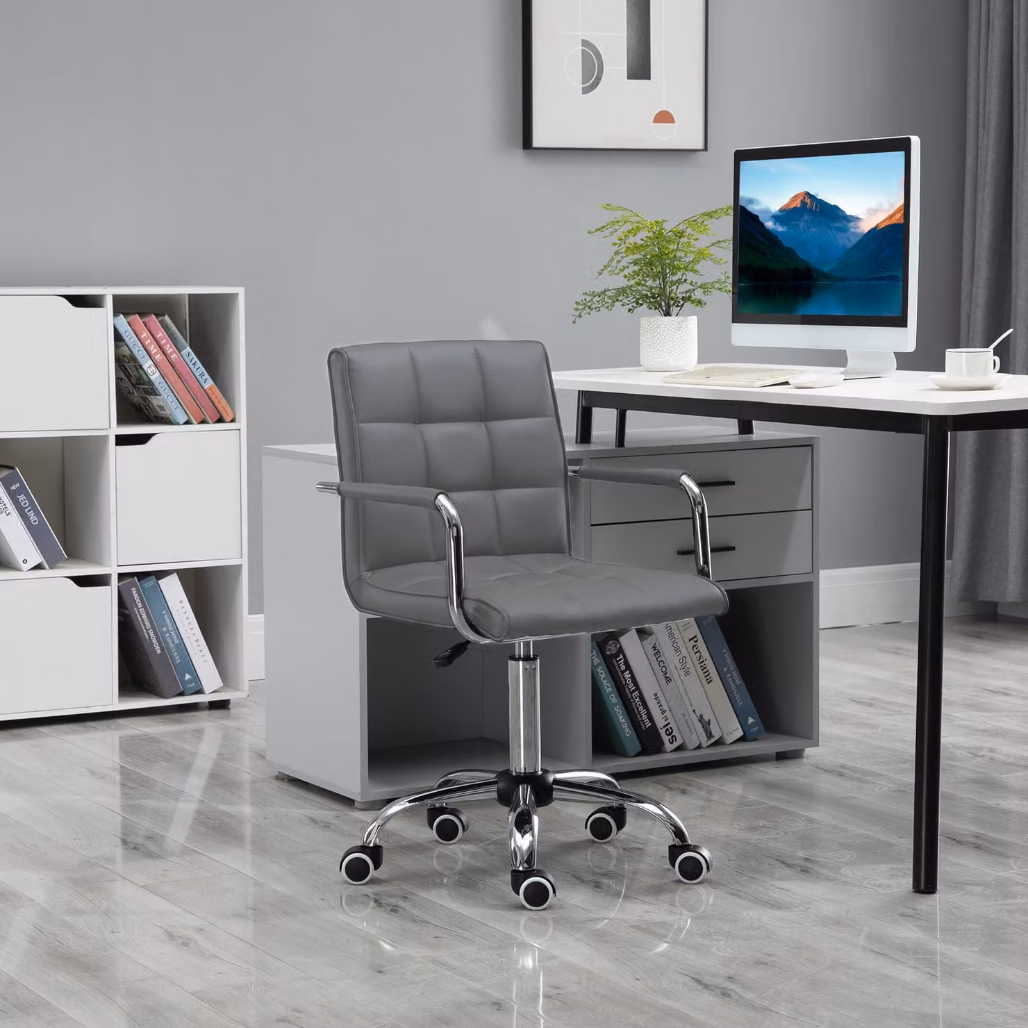 Vinsetto Mid Back PU Leather Swivel Home Office Task Chair with Armrests and Castors, Grey – 2