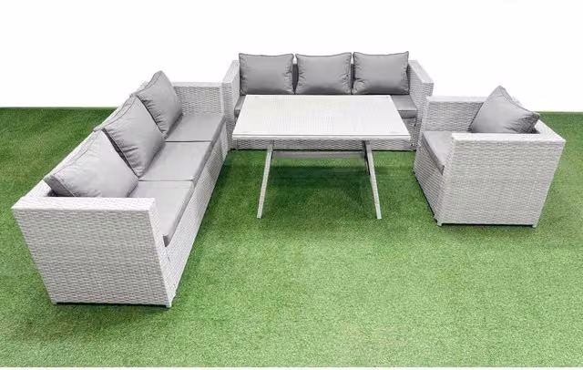 Fimous 7-Seater Rattan Garden Dining Set with 3-Seater Sofa and Armchairs in Light Grey Mixed