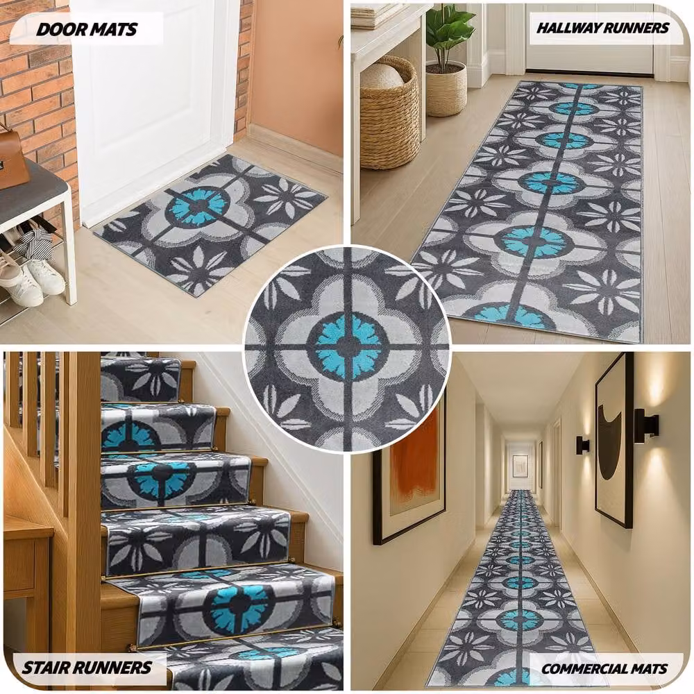 Bravich LTD Blue Floral Tile Hallway Runner Rug, Non-Slip Low Pile Polypropylene Carpet, W: 60 cm, L: 240 cm – 5