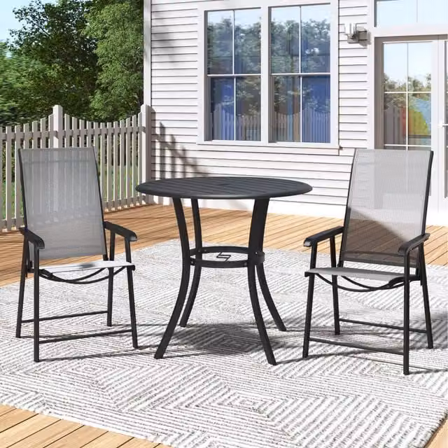 Komore Modern Round Metal Dining Table with Umbrella Hole in Matt Black