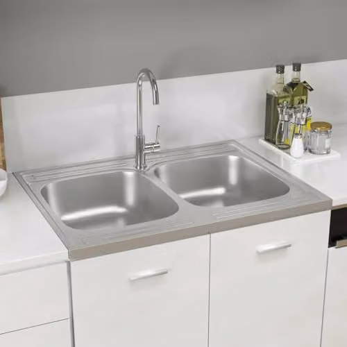 vidaXL Stainless Steel Kitchen Sink with Double Basins, Silver, W: 80 cm, D: 60 cm, H: 15.5 cm – 2
