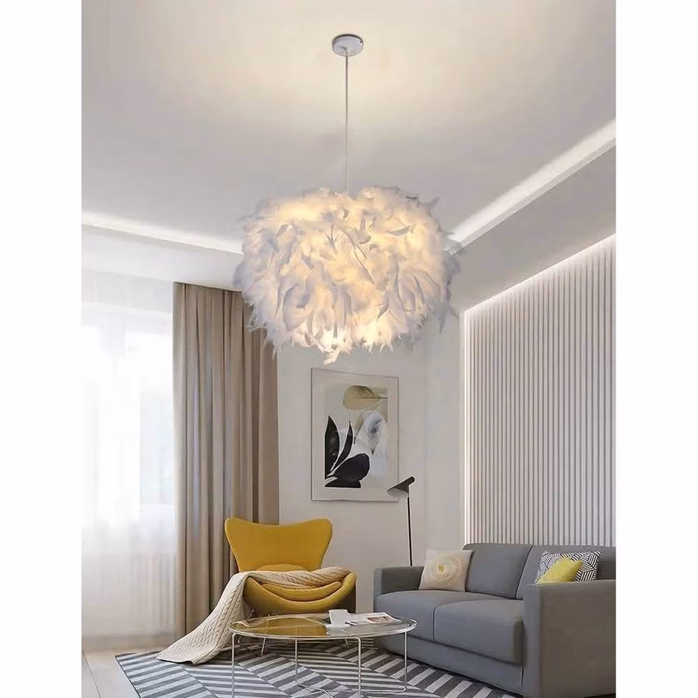 KORVIXA White Fluffy Feather Suspended Pendant Light with E27 Bulb Holder – 4