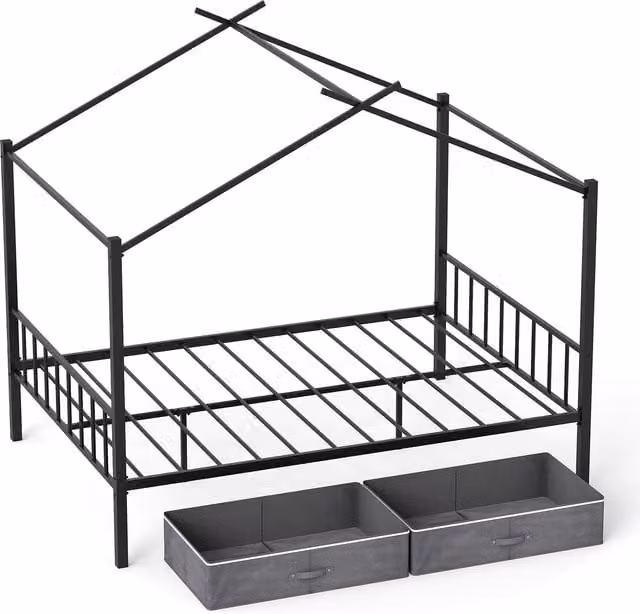 Costway Double Size House Bed with 2 Drawers, Heavy-Duty Metal Platform Bed in Black, W/D/H: 140 x 200 cm – 1