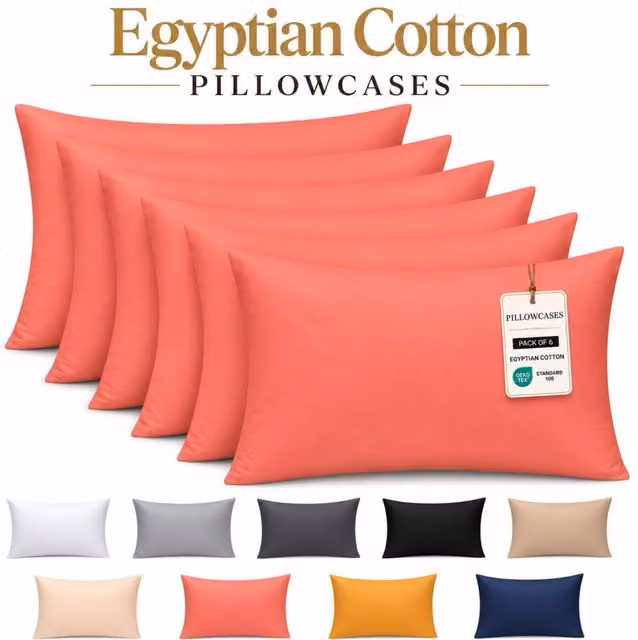 Pamposh Egyptian Cotton Pillowcases, Pack of 6, Coral, 400TC Mako Satin with Envelope Closure