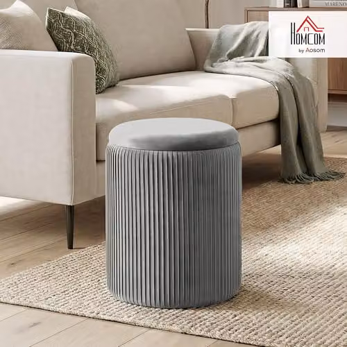 HOMCOM Round Velvet Storage Ottoman Pouffe in Grey with Removable Top Pad, W/D/H: 35 x 35 x 45 cm – 2