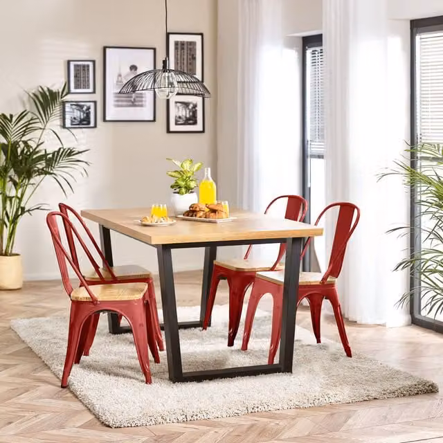 FurnitureboxUK Cotswold Oak Rectangular Dining Table with 4 Colton Red Wooden Seat Metal Chairs