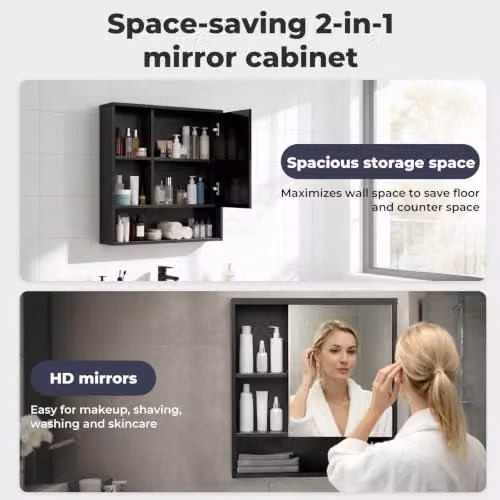 Levede Black Wall Mounted Bathroom Mirror Cabinet with HD Tempered Glass and Internal Shelves, W: 55.5 cm, H: 61.2 cm, D: 16.0 cm – 3