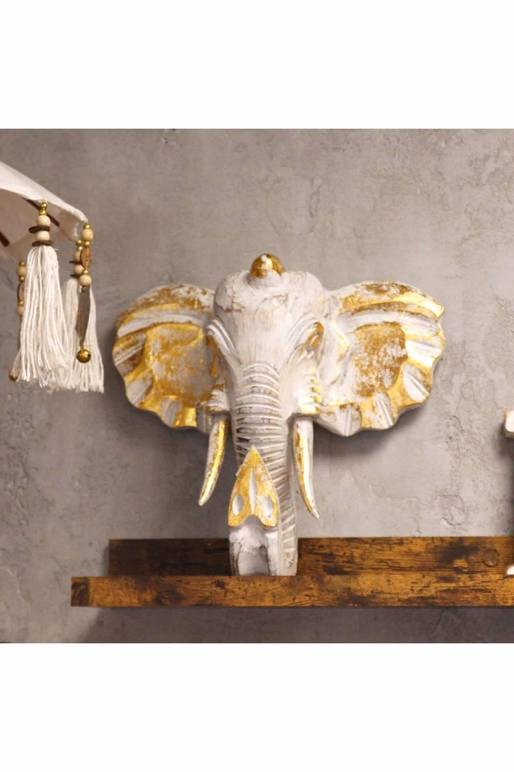 KDMD Hand-Carved Ethnic Elephant Head Wall Statue in Gold and White Wood – 3