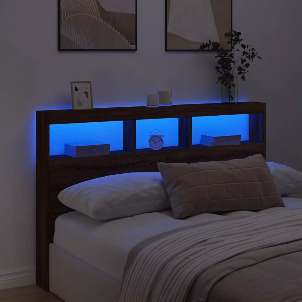 Berkfield Home Modern Wall Mount Headboard Cabinet with LED Lighting and USB Charging Port in Brown Oak, W: 160 cm, D: 17 cm, H: 102 cm – 3