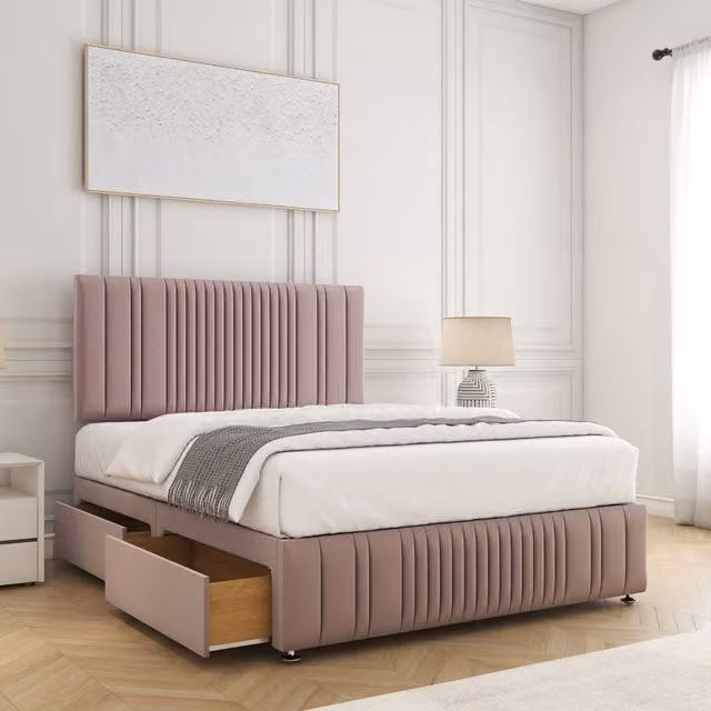 BSSPOKE Rosie Plush Velvet Divan Bed Set with 24 inch Headboard, 4 Drawers and Mattress in Pink, Size: Double (W/D/H: 140 x 200 cm)