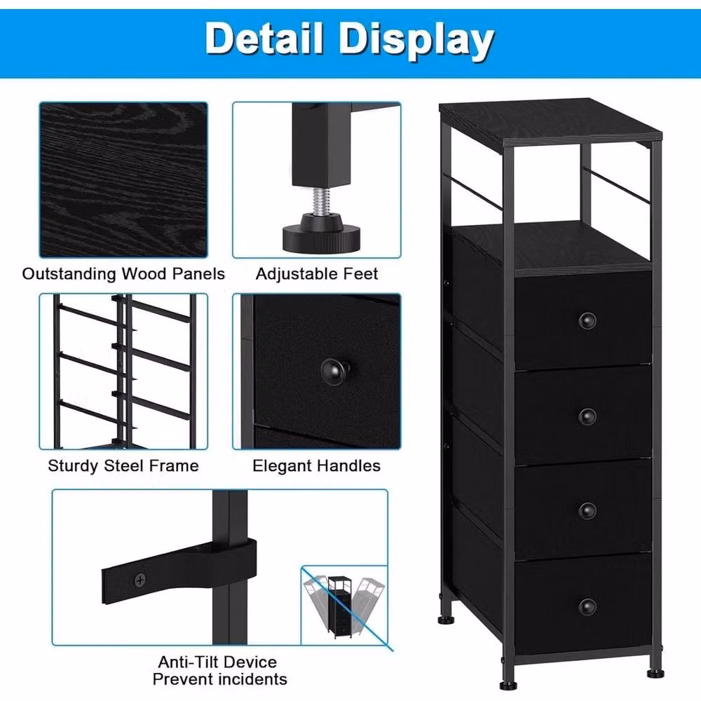 VOGREX 4-Tier Slim Fabric Drawer Dresser Home Storage Organiser in Black – 4