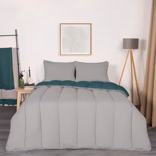 OHS 10.5 Tog Reversible Coverless Microfibre Duvet and Pillowcase Set, Petrol Green/Grey, W/D/H: 135 x 200 cm – 2