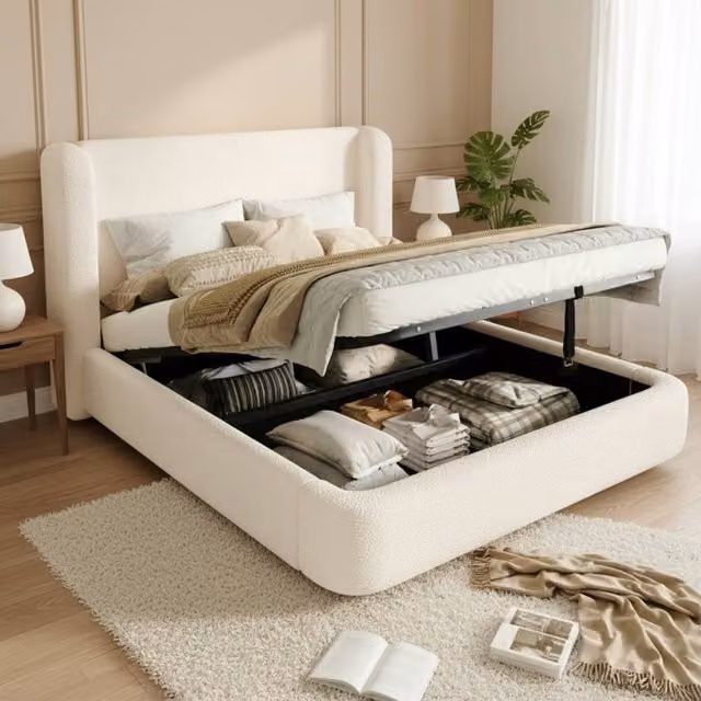 Rolipo King Size Bouclé Wingback Ottoman Storage Bed in White