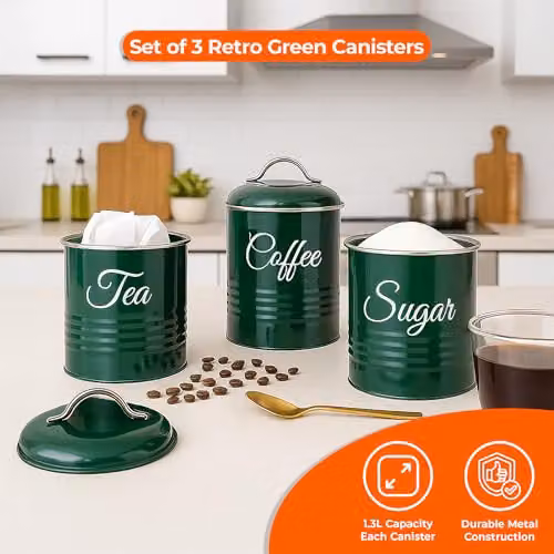 Innoteck Tea, Coffee and Sugar Canister Set of 3, Green Metal Food Storage Tins with Airtight Lids, 1.3 l Capacity – 2