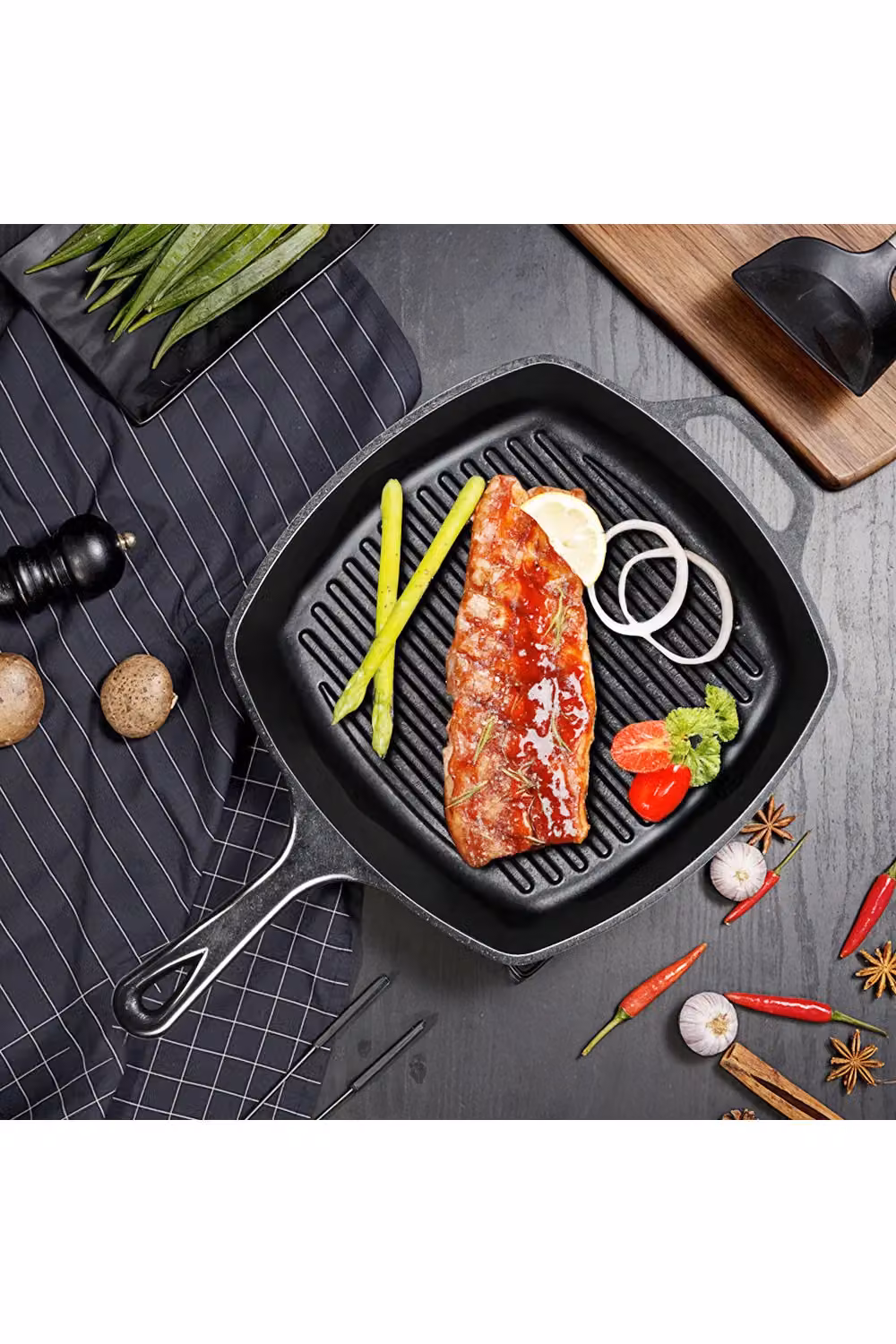 Living and Home Rectangular Cast Iron Grill Pan, 27 cm, Black – 5