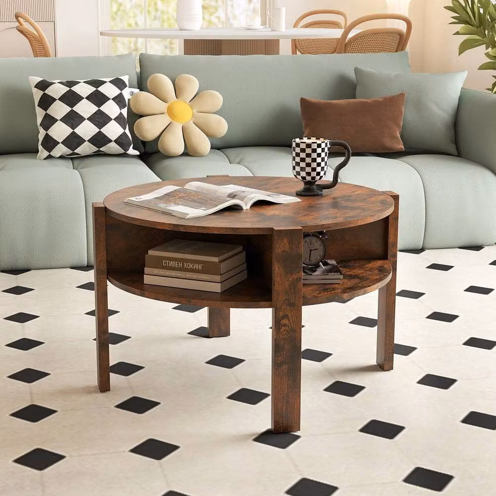 VOGREX Round Coffee Table in Brown with 4 Storage Shelves, W/D/H: 74 x 74 x 74 cm – 5