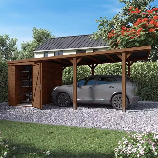 Cerland Leon Single Wooden Carport with Storage Shed in Brown, Freestanding and Modern