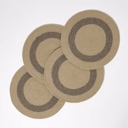 HOMESCAPES Set of 4 Round Cotton Placemats with Braided Pattern in Black and Grey, Diameter: 40 cm