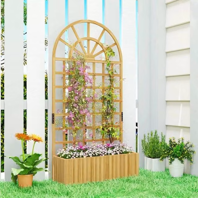 EONLION Brown Wooden Raised Planter with Lattice Trellis
