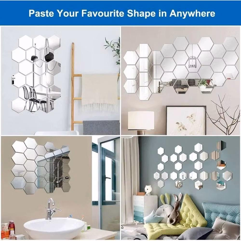 NESTLUNE Large Acrylic Mirror Tile Wall Stickers in Silver, Self-Adhesive Geometric Design, W: 100 cm, H: 15 cm – 4
