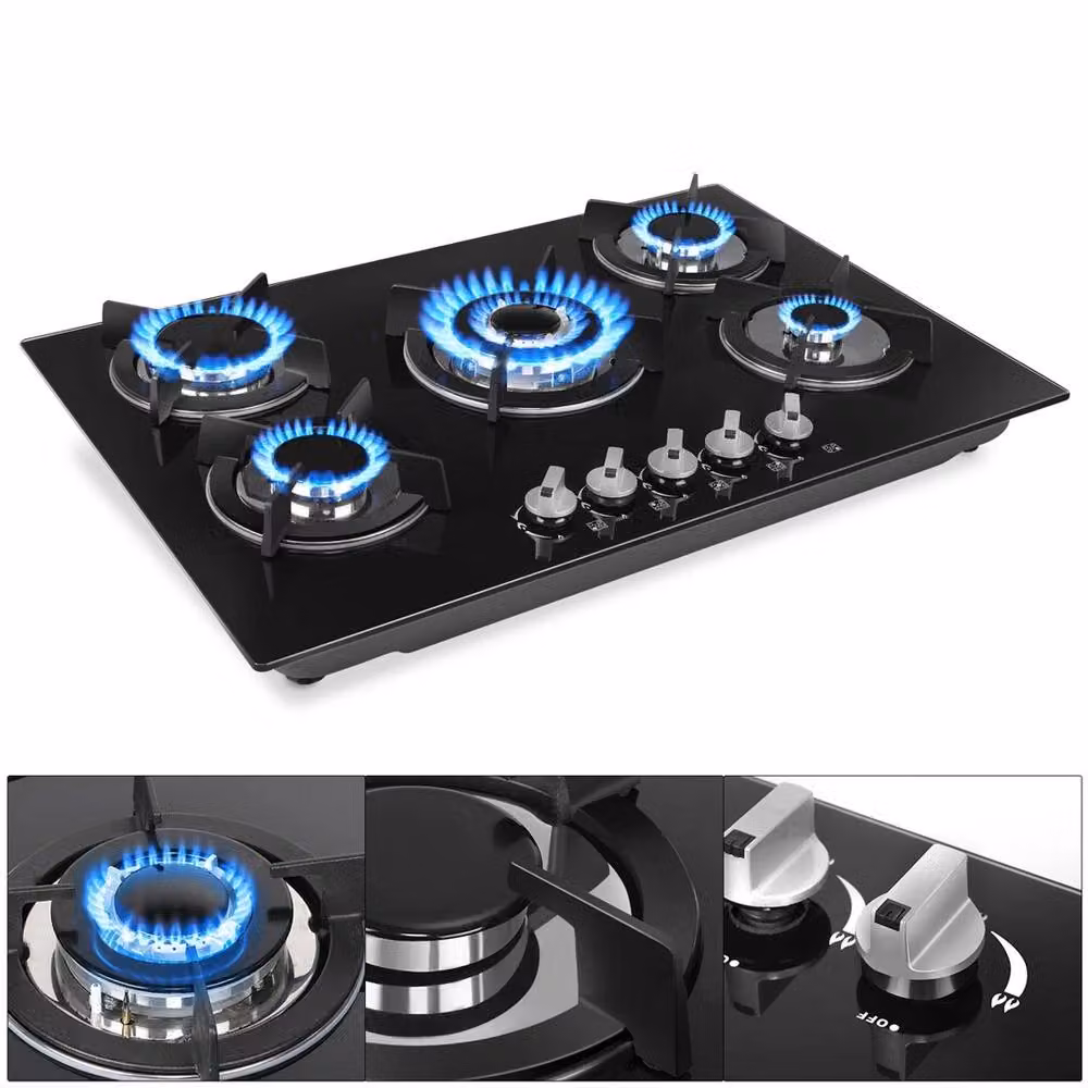 SPETLEK 5 Burner Built-in Gas Hob, 77cm, Black Tempered Glass with Cast Iron Pan Supports – 2