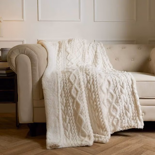 OHS Cable Knit Sherpa Blanket Cream Throw W/D/H: 180 x 200 cm