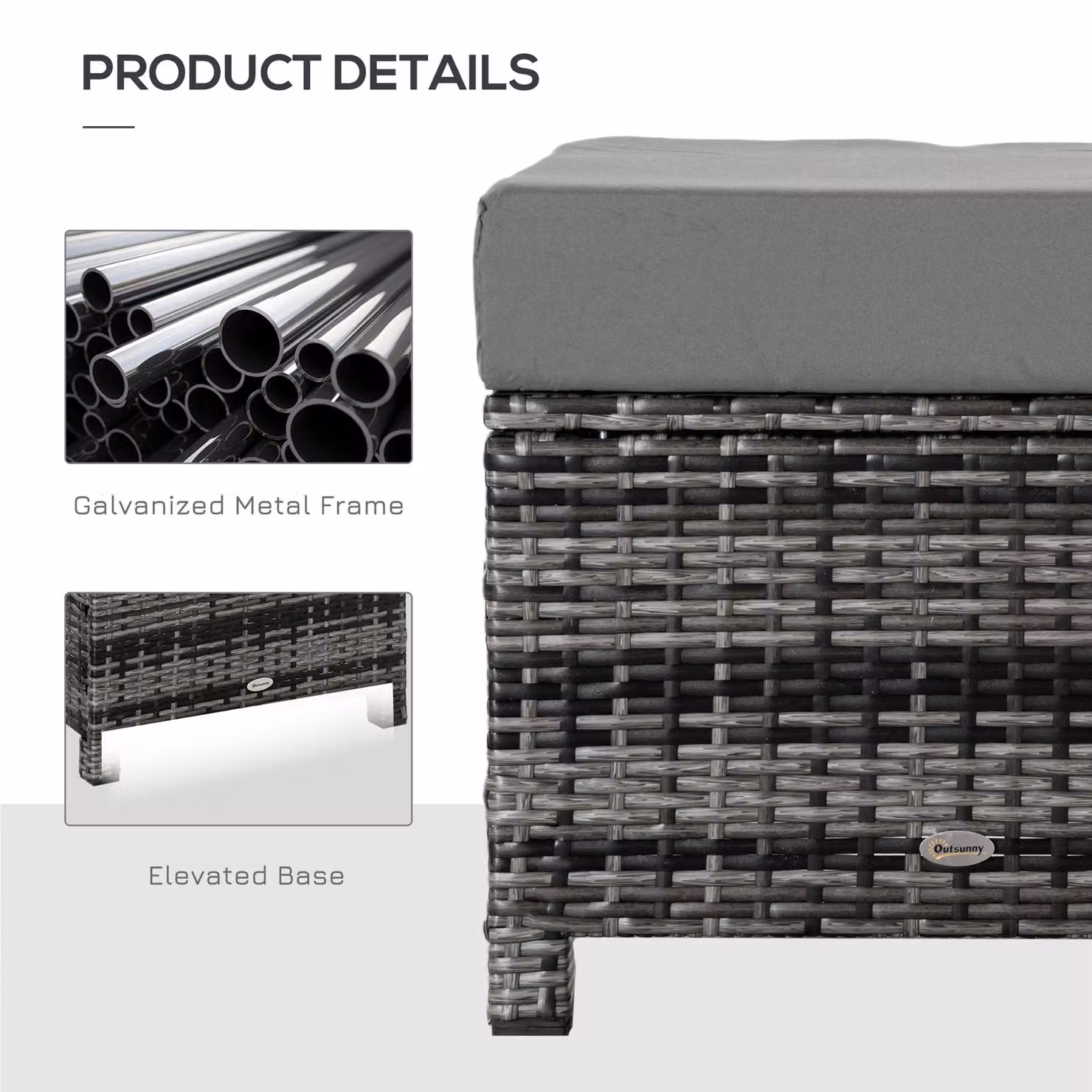 Outsunny Grey Rattan Wicker Ottoman Footstool with Padded Seat Cushion, W/D/H: 50 x 50 x 35 cm – 5