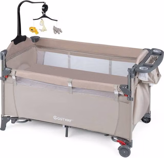 Costway 5-in-1 Baby Bassinet Bedside Sleeper and Portable Pack and Play in Beige