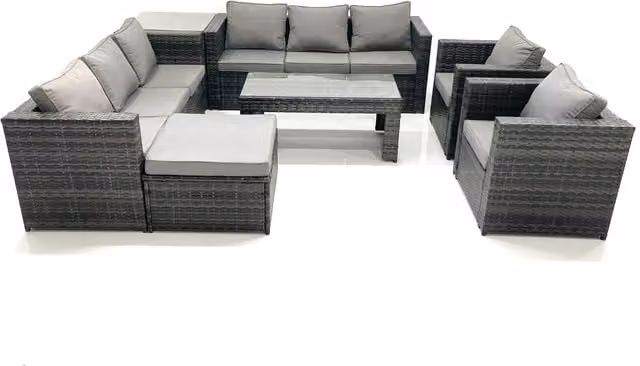 Fimous Rattan L-Shape Garden Furniture Set in Grey with Coffee Table, Armchair, Side Table and Ottoman