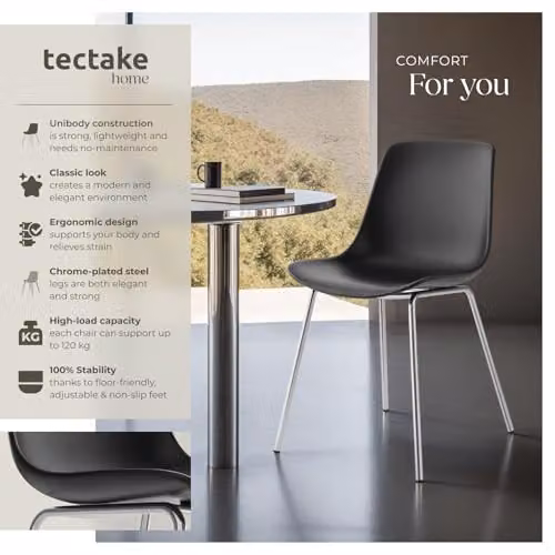 tectake Set of 4 Classic Dining Chairs with Ergonomic Plastic Seats and Chrome-Plated Steel Legs in Black – 3