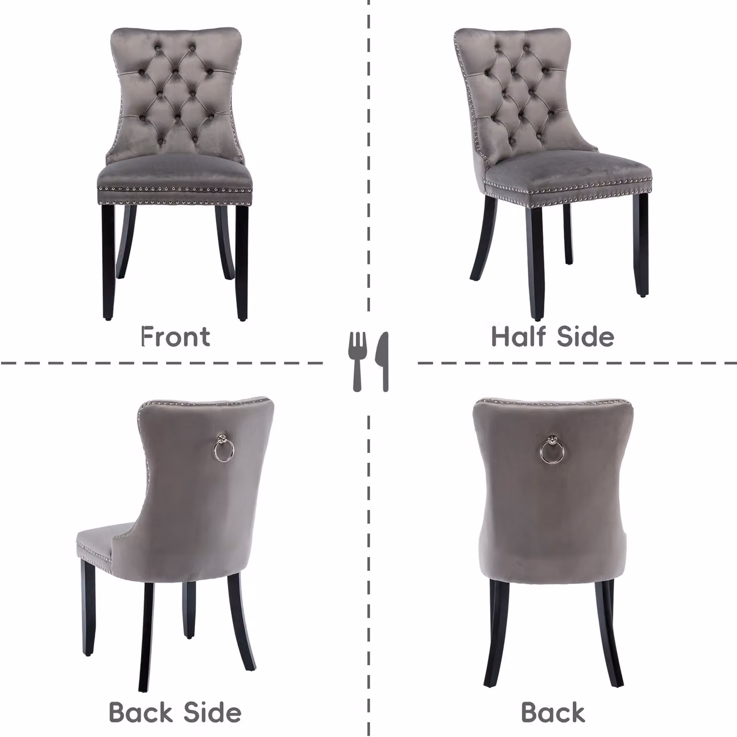 HomeTouch Taylor Set of 6 Grey Velvet Upholstered Kitchen Dining Chairs with Pull Knocker Back and Oak Wood Legs – 2