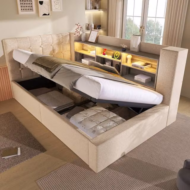 Merax Upholstered Single Storage Daybed in Beige with USB Charging Port and Bedside Shelf, W/D/H: 90 x 190 x 86 cm