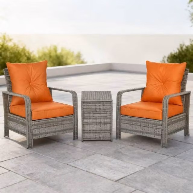 ERGOVEXA 3 Piece Orange Rattan Bistro Set for Garden and Balcony – 1