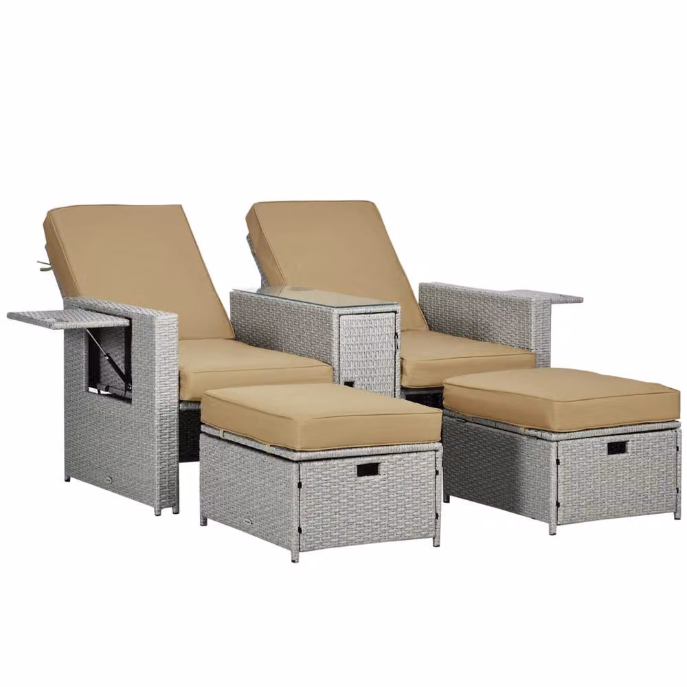 Wyld Haus Beige Rattan Garden Reclining Sun Lounger Set with Storage Table and Footstools – 2