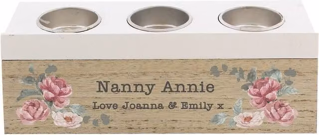 Personalised Memento Company Women's Floral Watercolour Triple Tealight Box in Light Brown and White Wood – 1