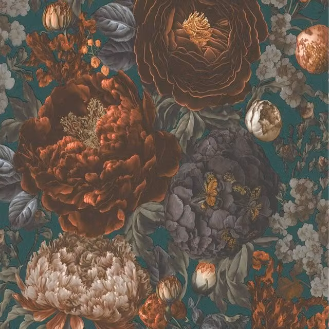A.S. Création Botanical Floral Vintage Wallpaper in Green, Orange and Grey