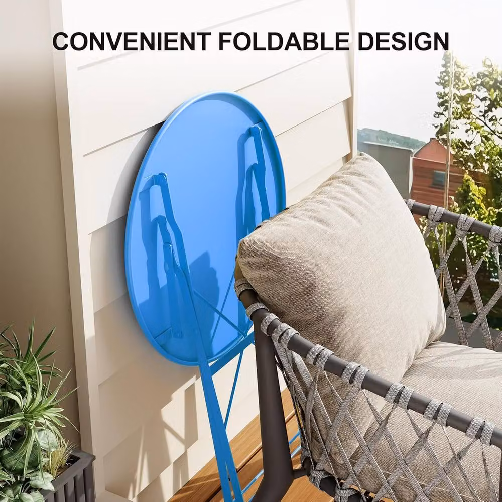 London Boutique 3-Piece Foldable Bistro Set Blue Metal Garden Furniture Set with Table and 2 Chairs – 4