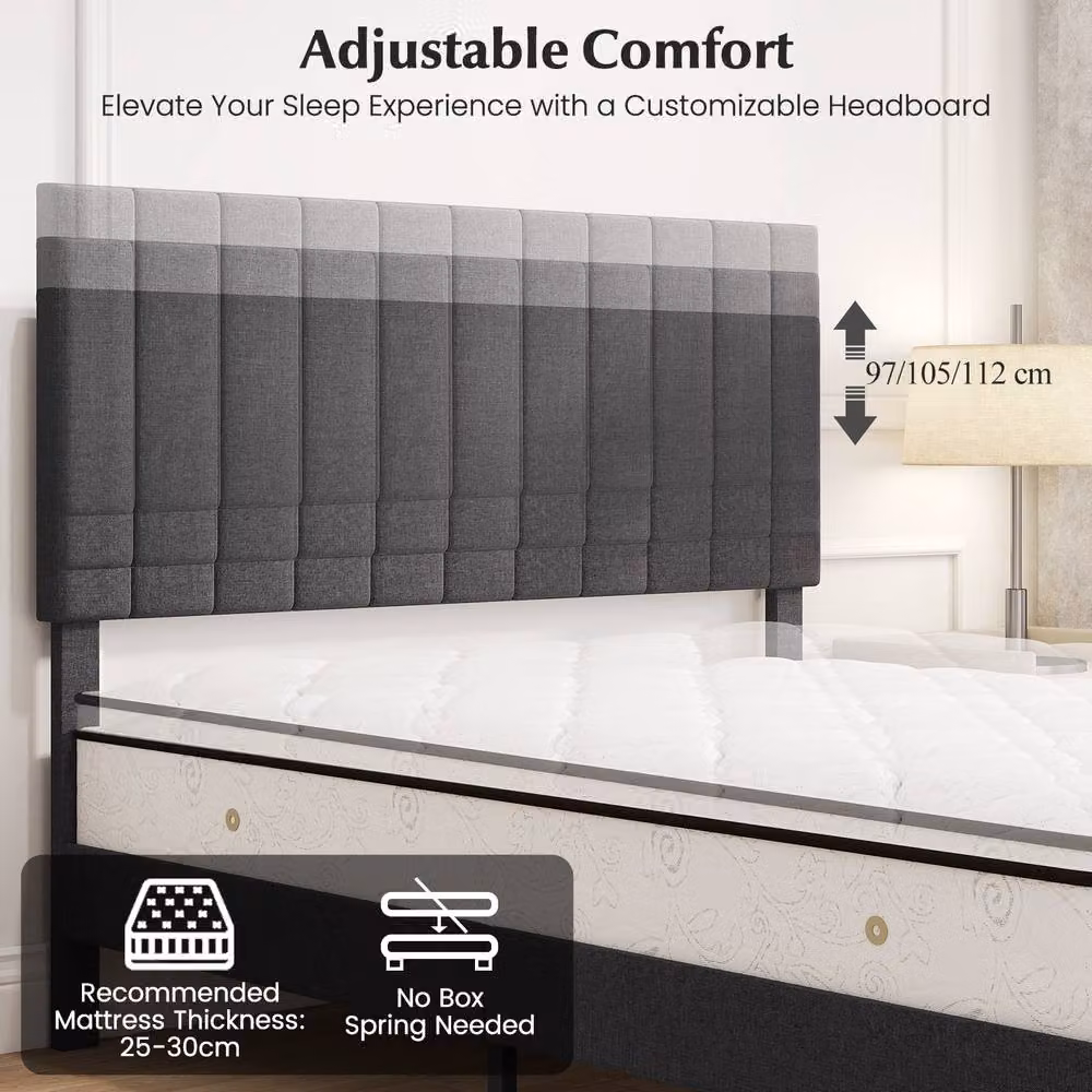 Costway King Size Upholstered Linen Fabric Platform Bed Frame with Headboard in Grey, W/D/H: 180 x 200 cm – 4