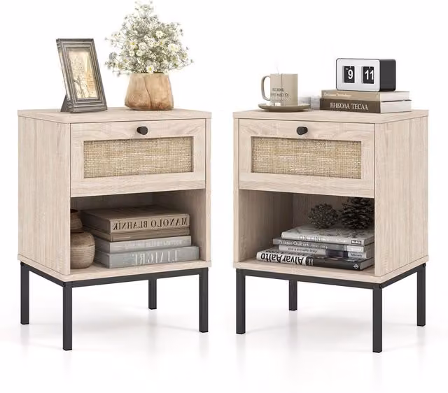 Costway Set of 2 Boho Rattan and Metal Bedroom Nightstands and Sofa Side Tables in Brown and Beige