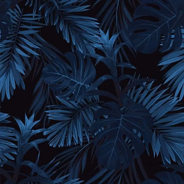 I Love Wallpaper Midnight Tropics Botanical Wallpaper Sample in Blue and Yellow