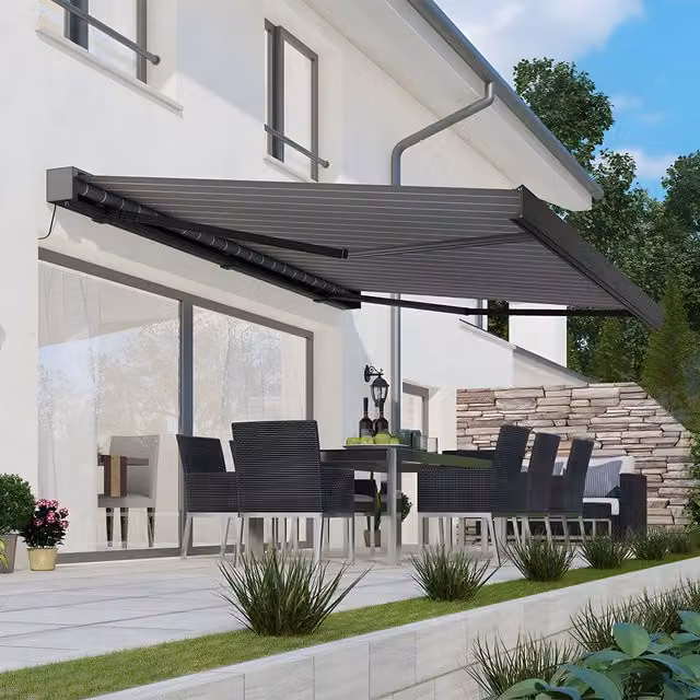 Primrose Deluxe Wireless Remote Full Cassette Electric 4m Wall-Mounted Awning with Lights in Grey Striped