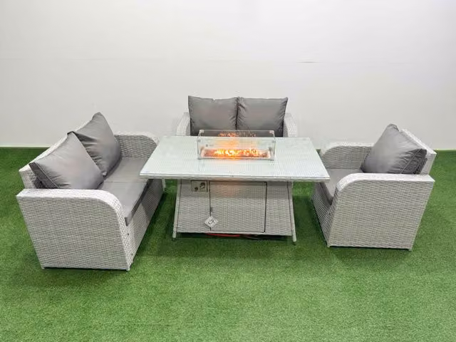 Fimous Light Grey Poly Rattan Garden Furniture Set with Reclining Chair, Loveseat Sofa, Firepit and Dining Table