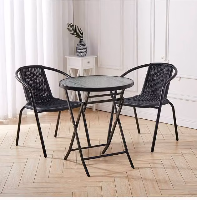 Living and Home Bachmann 2 Seater Dining Bistro Set in Black Polyrattan with Glass Top – 1